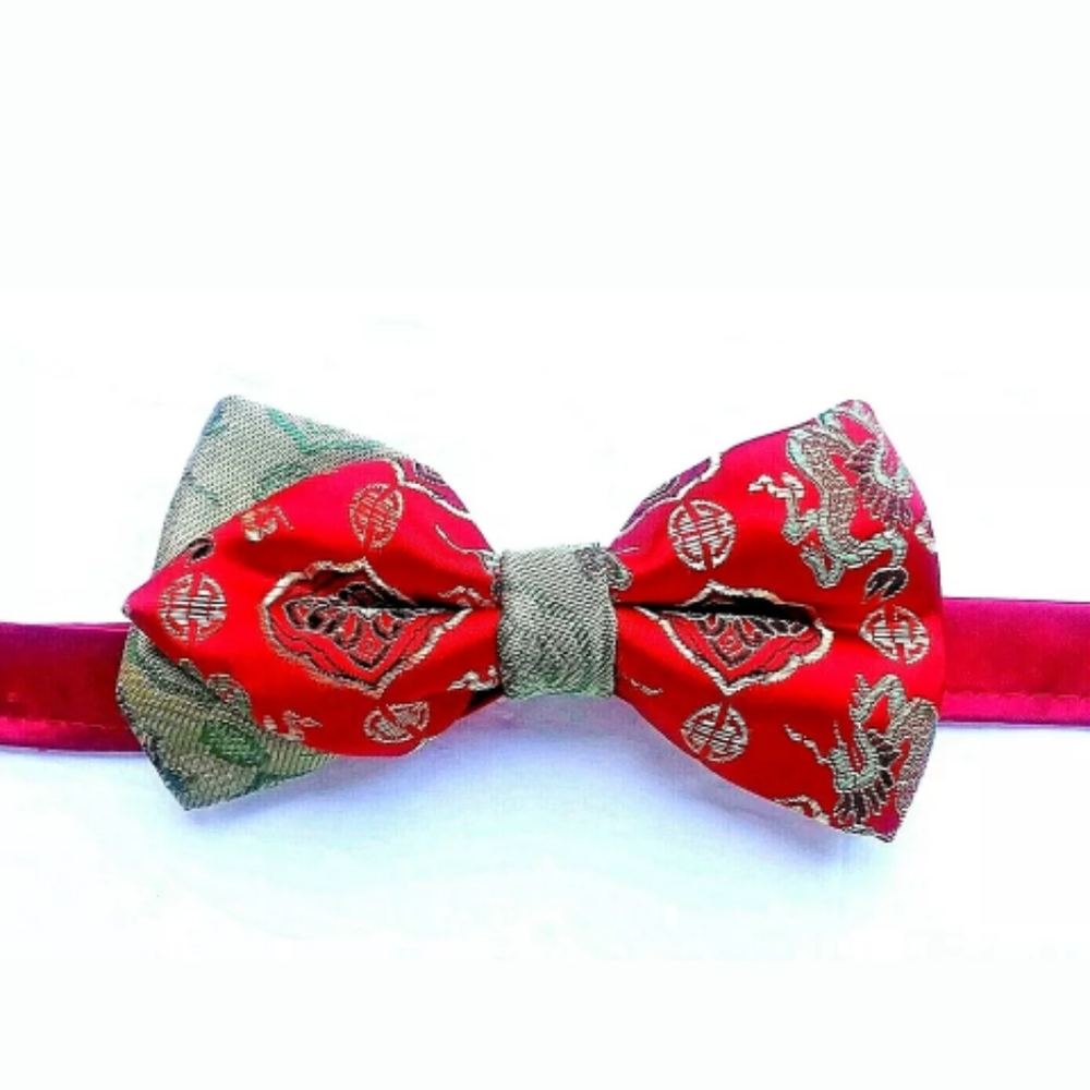 NEW Handmade DRAGON Single Point Silk Brocade Bowtie. Red Pre-tied 4x2.5" Unisex
